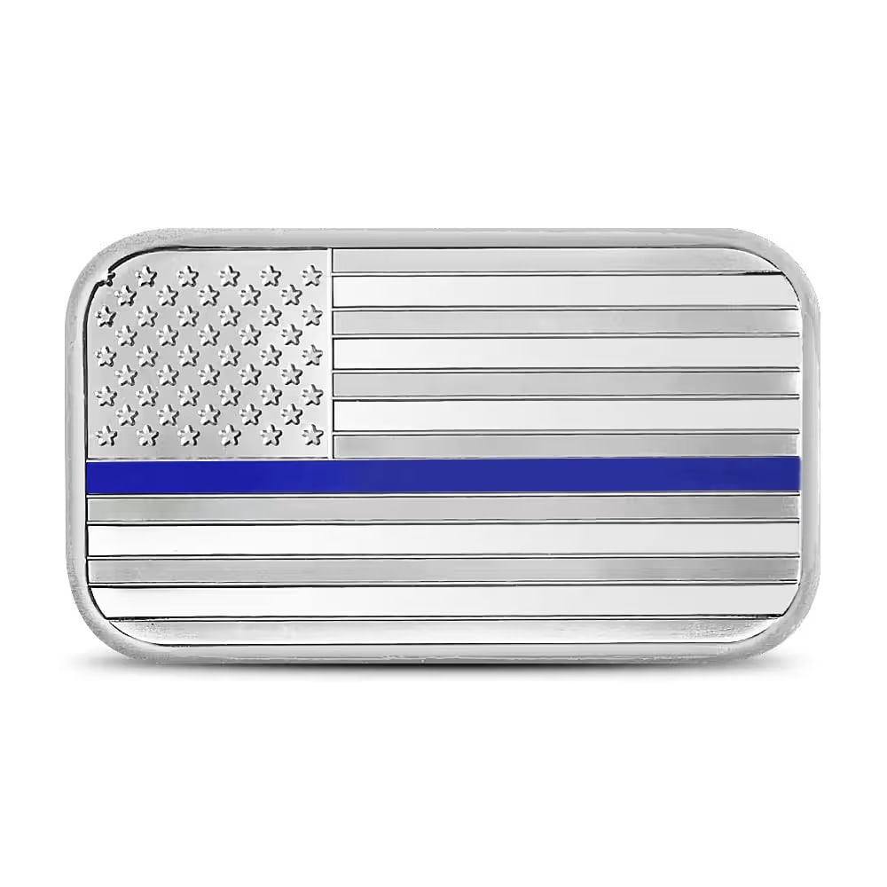 1 oz Silver Engravable Police Flag Bar (New w/Gift Box): This 1 oz .999 fine silver bar features a Police Flag design and an engravable surface for personalization. Ideal for honoring law enforcement service, retirement, or achievement, it comes packaged in