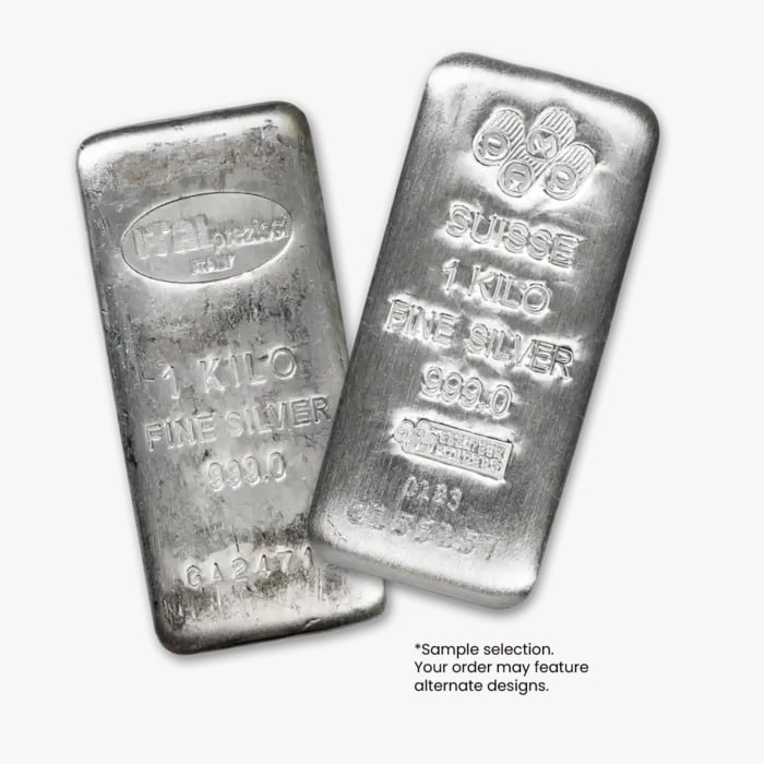 1 Kilo Silver Bar - Random Design: A substantial addition to any precious metals collection, this 1 Kilo Silver Bar contains an impressive 32.15 Troy Ounces of .999 Fine Silver. Each bar features a distinctive design and is selected at