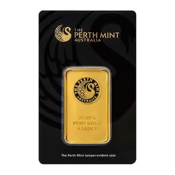 1 oz Perth Mint Gold Bar .9999 Fine (in Assay): Struck by the prestigious Perth Mint, this 1 oz gold bar contains .9999 fine gold and comes securely housed in an official assay card. Celebrated for its quality, craftsmanship, and global recognition