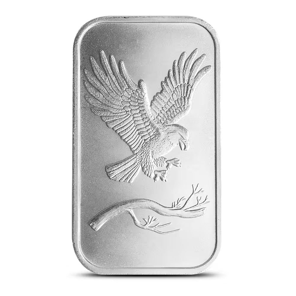 1 oz SilverTowne Eagle Silver Bar (New): Struck in .999 fine silver, this 1 oz bar features the majestic American Eagle, a symbol of strength and freedom. Produced by SilverTowne, it offers exceptional craftsmanship and lasting bullion value