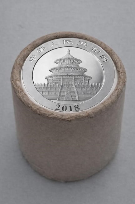 $20 2018 & 2018 End Chinese Silver Panda roll: This original Brilliant Uncirculated (BU) sealed roll contains 20 Chinese Silver Panda coins, each struck in 30 grams of .999 fine silver. The roll features a 2018 coin on one end and a 2018 coin on t