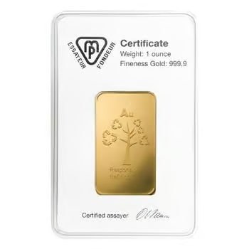1 oz Metalor Gold Bar .9999 Fine (in Assay): Produced by Swiss refiner Metalor, this 1 oz gold bar contains .9999 fine gold and comes sealed in an assay card. Metalor bars are known worldwide for their purity, reliability, and investment-grade q