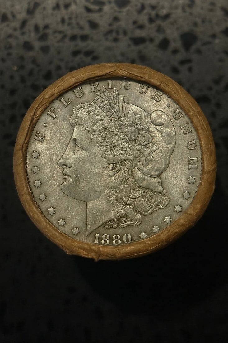 BU $10 Morgan Silver Dollar Roll 1880 & 1882 Ends: An original Brilliant Uncirculated (BU) sealed roll of Morgan Silver Dollars, featuring an 1880 coin on one end and an 1882 coin on the opposite end. The roll remains sealed, with only the front and b