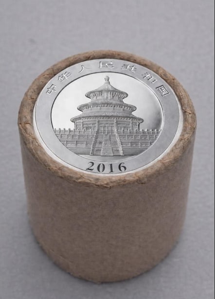 $10 2016 & 2017 End Chinese Silver Panda roll: This original Brilliant Uncirculated (BU) sealed roll contains 10 Chinese Silver Panda coins, each struck in 30 grams of .999 fine silver. The roll features a 2016 coin on one end and a 2017 coin on t
