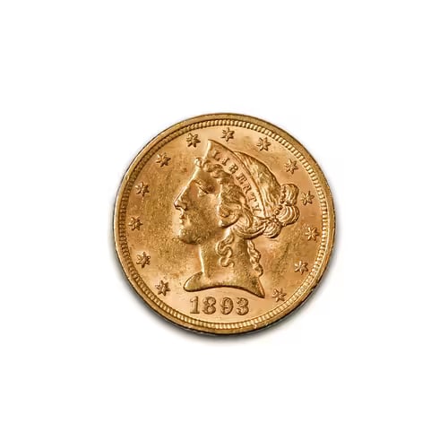 $5 Gold Liberty 1893 XF: The 1893 $5 Gold Liberty coin is a distinguished example of the Liberty Head Half Eagle series, reflecting the artistry, craftsmanship, and historical significance of late 19th-century American coinag