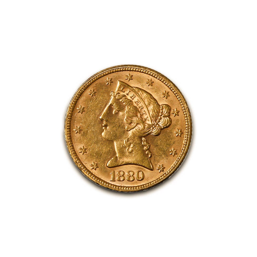 $5 Gold Liberty 1880 XF: The 1880 $5 Gold Liberty coin is a distinguished example of late 19th-century American coinage, part of the iconic Liberty Head Half Eagle series. Struck during a period of national growth and industr