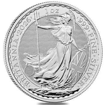 2026 Great Britain 1 oz Silver Britannia Coin BU: This 2026 Great Britain 1 oz Silver Britannia Coin contains 1 troy ounce of .999 fine silver and features the iconic Britannia design. Issued by The Royal Mint, it is a globally recognized bullion coi