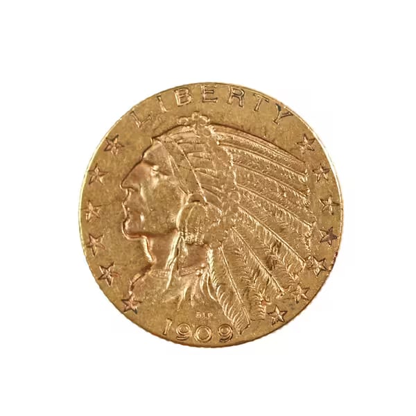$5 Gold Indian 1909-D Extra Fine: The 1909-D $5 Gold Indian is a standout coin from Bela Lyon Pratt s revolutionary Indian Head Half Eagle series. Struck at the Denver Mint, this issue features Pratt s distinctive incuse design, with 