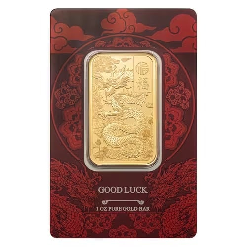 Pamp Suisse 1 Ounce Gold Bar Yellow Dragon: This 1 oz PAMP Suisse Gold Bar features the striking Yellow Dragon design inspired by Asian symbolism of strength and prosperity. Minted from .9999 fine gold by the renowned Swiss refinery. The detail