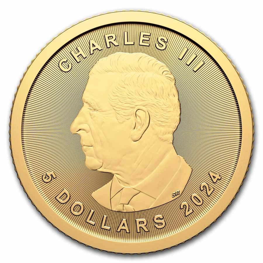 2024 Canada 1/10 oz Gold Maple Leaf BU: 2024 Canada 1/10 oz Gold Maple Leaf BU, struck in 1/10 troy ounce of .9999 fine gold, delivers world-renowned purity and advanced security features in a convenient fractional size. Multiples of 40 are