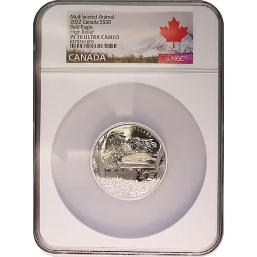 Canada 2 Oz. $30 Multifaceted Bald Eagle 2022 PF70 NGC: This 2022 Canada 2 oz Silver $30 Multifaceted Bald Eagle coin is graded PF70 by NGC, indicating a perfect proof specimen with flawless surfaces and exceptional eye appeal. Struck from 2 troy ounces of