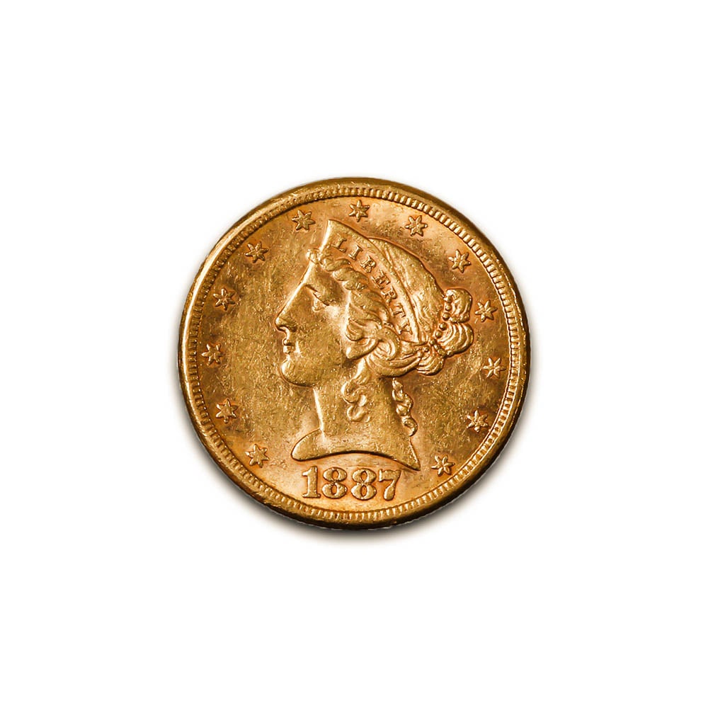$5 Gold Liberty 1887-S XF: The 1887-S $5 Gold Liberty coin is a distinguished example of the Liberty Head Half Eagle series, reflecting the artistry, craftsmanship, and historical significance of late 19th-century American coin