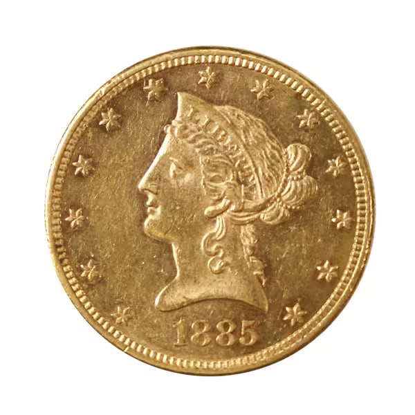 $10 Gold Liberty 1885 AU: The 1885 $10 Gold Liberty, commonly called the "Eagle," is a distinguished piece of American numismatic history. Struck during a period of economic growth and industrial expansion, it embodies the cra