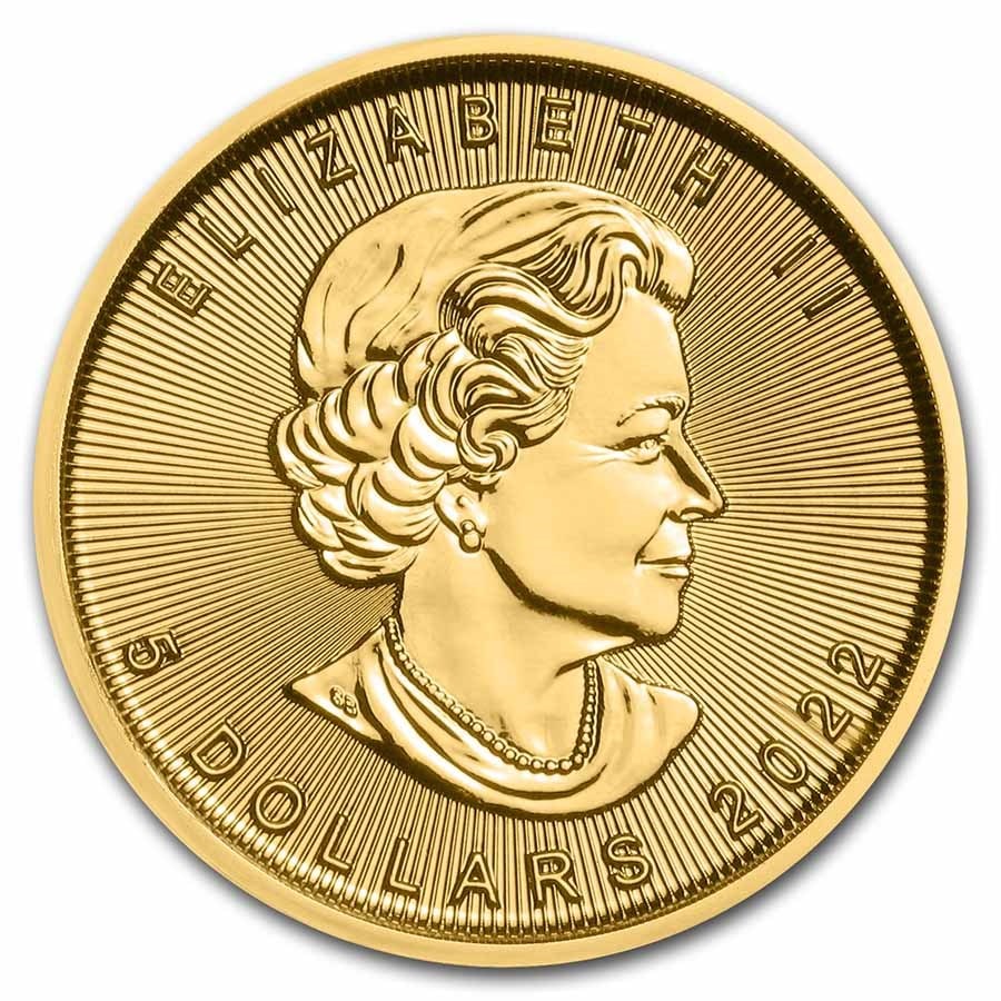 2022 Canada 1/10 oz Gold Maple Leaf BU: 2022 Canada 1/10 oz Gold Maple Leaf BU, struck in 1/10 troy ounce of .9999 fine gold, offers exceptional purity in a highly affordable fractional size. Multiples of 40 are shipped in sealed RCM plasti