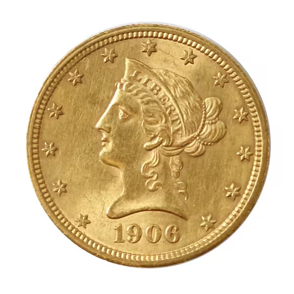 $10 Gold Liberty 1906-D AU: The 1906-D $10 Gold Liberty, struck at the newly opened Denver Mint, is a remarkable piece of American numismatic history. As one of the first coins produced at Denver, it represents a milestone in th