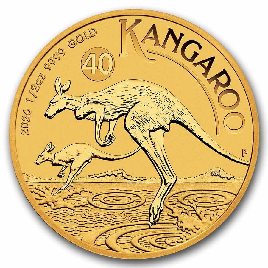 2026 Australia 1/2 oz Gold Kangaroo BU: 2026 Australia 1/2 oz Gold Kangaroo BU Coin - 1/2 oz .9999 fine gold, Brilliant Uncirculated in protective capsule, limited mintage of 100,000, sovereign bullion from the Perth Mint.
