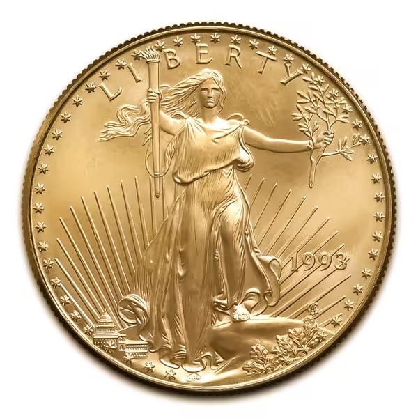 1993 American Gold Eagle 1/4 oz Uncirculated: 1993 American Gold Eagle 1/4 oz - Uncirculated: Brilliant uncirculated coin featuring Lady Liberty on the obverse and two Bald Eagles building a nest on the reverse. US Mint-guaranteed 22-karat gold, 