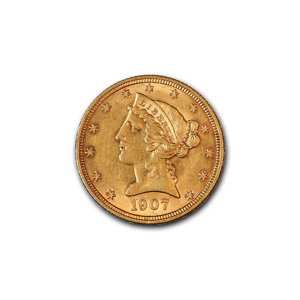 $5 Gold Liberty 1907-D XF: The $5 Gold Liberty 1907-D is a remarkable piece of American numismatic history, now preserved in Brilliant Uncirculated (BU) condition. Struck in .900 fine gold at the newly established Denver Mint, 