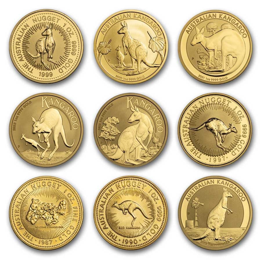 Australia 1 oz Gold Kangaroo/Nugget Coin BU (Random Year): Australia 1 oz Gold Kangaroo/Nugget BU Coin (Random Year) - 1 oz .9999 fine gold, Brilliant Uncirculated in protective packaging, IRA-eligible sovereign bullion from the Perth Mint.