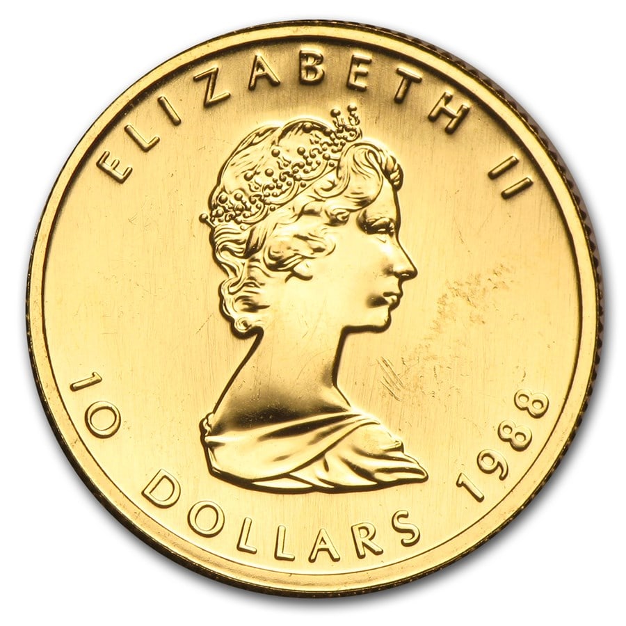 1988 Canada 1/4 oz Gold Maple Leaf BU: 1988 Canada 1/4 oz Gold Maple Leaf BU, struck in 1/4 troy ounce of .9999 fine gold, combines classic Canadian design with investment-grade purity. Each coin comes sealed in mint plastic or protective 