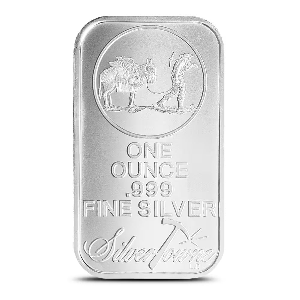 1 oz SilverTowne Prospector Silver Bar (New): Featuring SilverTowne's famous Prospector design, this 1 oz .999 fine silver bar pays tribute to America's mining heritage. Its detailed artwork and high silver purity make it a favorite among silver 