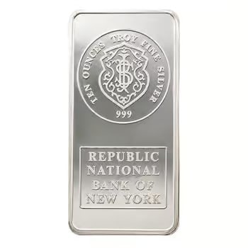 10 oz Johnson Matthey JM Republic National Bank Silver Vintage Bar: The 10 oz Johnson Matthey Republic National Bank Silver Bar is a sought-after vintage issue. Struck in fine silver by Johnson Matthey, it carries historic refinery prestige. Its classic stamped design