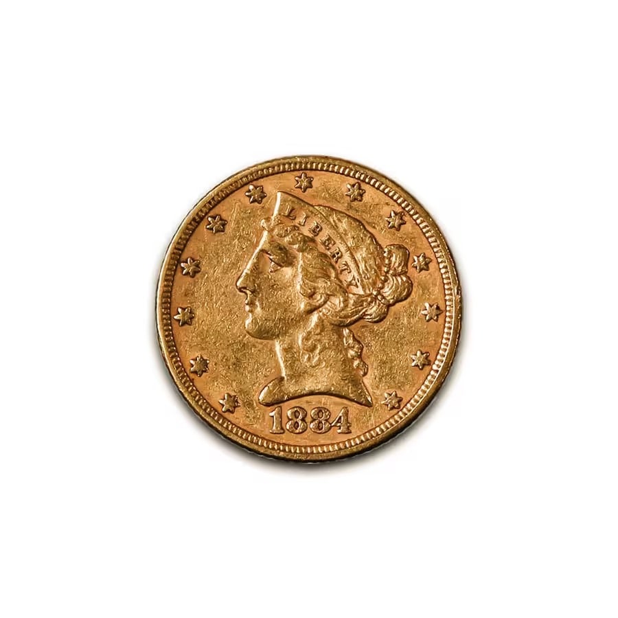 $5 Gold Liberty 1884 XF: The 1884 $5 Gold Liberty coin is a distinguished example of the Liberty Head series, reflecting the artistry, craftsmanship, and historical significance of late 19th-century American coinage. Struck d