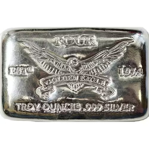 Golden Eagle 4 oz Silver Bar .999: Golden Eagle 4 oz Silver Bar .999 is a high-quality bullion piece that combines substantial silver content with striking craftsmanship. Struck from 4 troy ounces of .999 fine silver, it provides both 