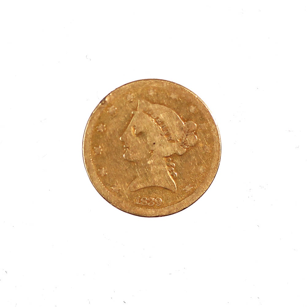 $5 Gold Liberty 1839 VG: The Liberty Head Half Eagle 1839 in Very Good condition shows clear date and major design outlines with honest, even wear consistent with early circulation. Struck in .900 fine gold, this first-year L