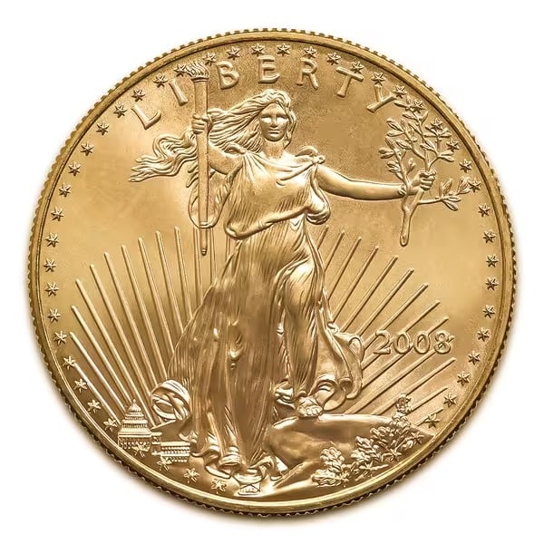 2008 American Gold Eagle 1/10 oz Uncirculated: 2008 American Gold Eagle 1/10 oz Uncirculated: Brilliant uncirculated 1/10 oz gold coin featuring Saint-Gaudens? Lady Liberty obverse and two nesting bald eagles on the reverse, fully backed by the U.