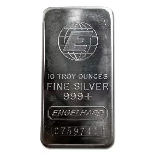 Engelhard Silver Bar 10 oz Bar - Tall E Globe: This 10 oz Engelhard Silver Bar - Tall E Globe is composed of .999 fine silver and features the distinctive Tall E Globe hallmark. A recognizable Engelhard issue offering 10 troy ounces of fine silver