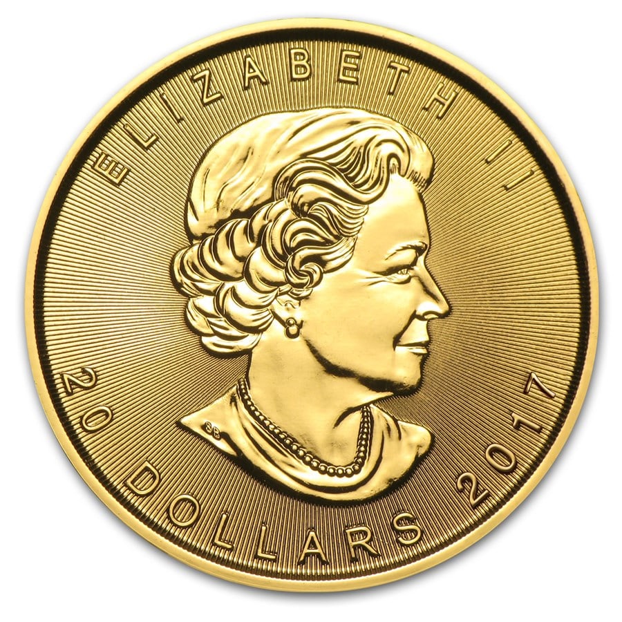 2017 Canada 1/2 oz Gold Maple Leaf BU: 2017 Canada 1/2 oz Gold Maple Leaf BU, struck in 1/2 troy ounce of .9999 fine gold, combines iconic Canadian design with investment-grade purity. Multiples of 10 are packaged in original RCM plastic s