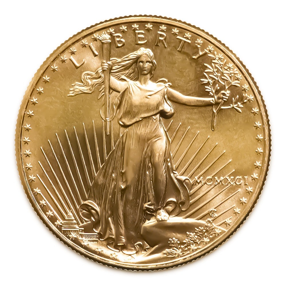 1991 American Gold Eagle 1/10 oz Uncirculated: Issued by the United States Mint, the 1991 American Gold Eagle 1/10 oz contains 1/10 troy ounce of gold and is struck in the official 22-karat Gold Eagle alloy for exceptional durability. Featuring Au