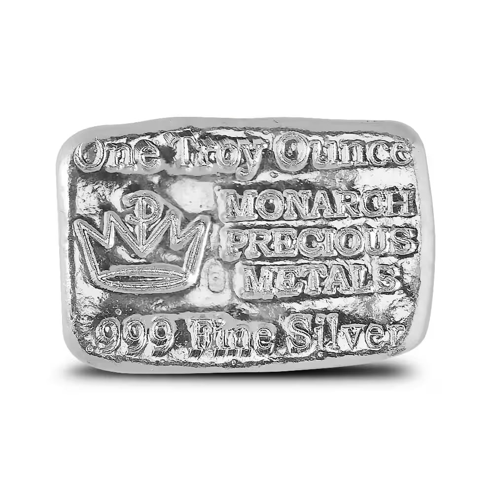 1 oz Monarch Hand Poured Silver Bar (New): Crafted from 1 Troy Ounce of .999 Fine Silver, the Monarch Hand Poured Silver Bar showcases a rustic, hand-poured finish that makes every piece unique. Produced by Monarch Precious Metals, each bar fe