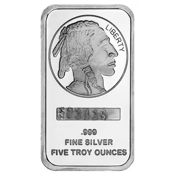 SilverTowne 5 oz Silver Bar - Buffalo Design: SilverTowne 5 oz Silver Bar - Buffalo Design: Brilliant 5 oz .999 fine silver bar featuring the iconic Buffalo motif, honoring historic Native American imagery. Premium craftsmanship from SilverTowne,