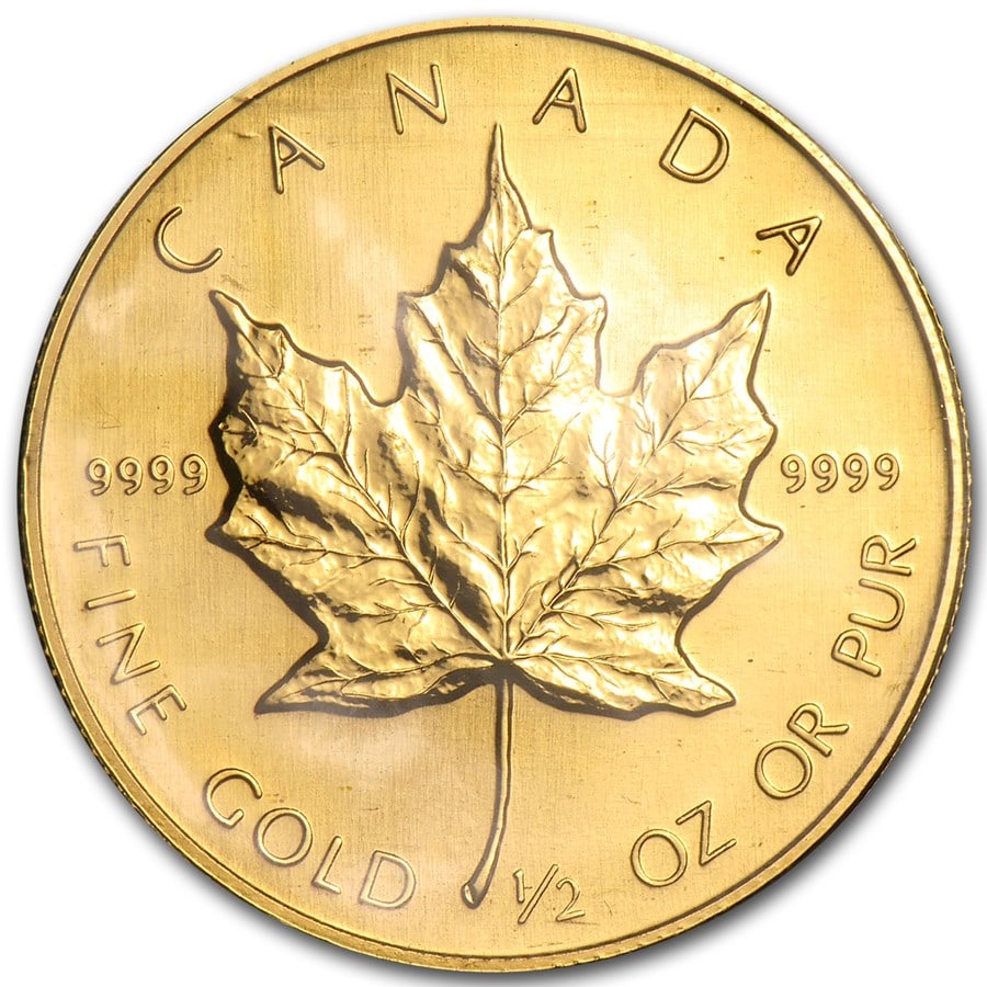 1989 Canada 1/2 oz Proof Gold Maple Leaf: 1989 Canada 1/2 oz Proof Gold Maple Leaf, struck in 1/2 troy ounce of .9999 fine gold, is a highly collectible proof coin combining exquisite detail with investment-grade purity. Coins are presented i