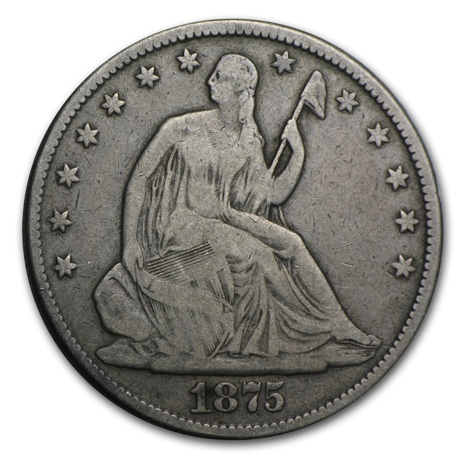 Seated Liberty Half Dollar Very Good 1875: The 1875 Seated Liberty Half Dollar in Very Good condition displays solid mid-grade detail and strong collector interest in 90% silver format.
