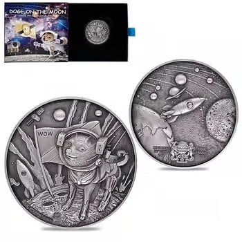 2022 Chad 2 oz Silver Doge on The Moon Antiqued High Relief Coin .999 Fine (w/Box): This fun and futuristic 2 oz .999 fine silver coin celebrates the popular Doge meme with a “To the Moon” theme in stunning antiqued high relief. Detailed space-themed artwork and premium finis