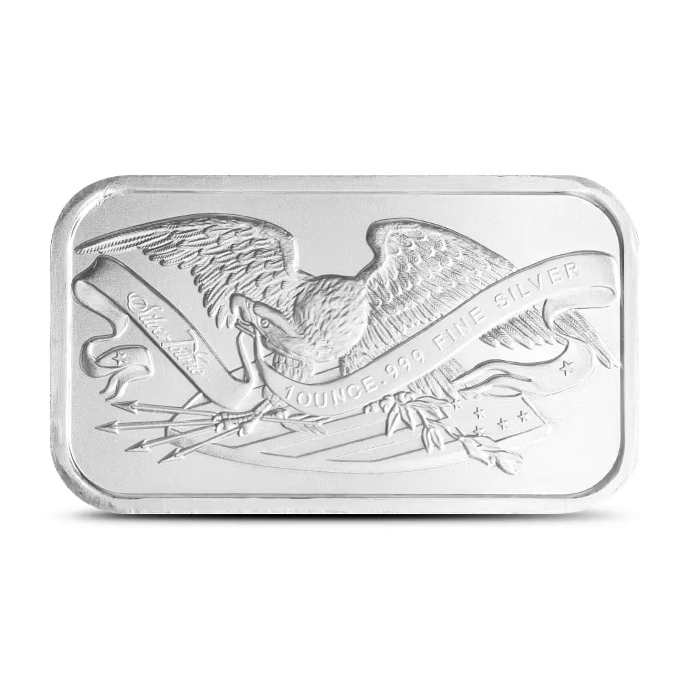1 oz SilverTowne Retro Eagle Silver Bar (New): This 1 oz .999 fine silver bar features a retro-style eagle design inspired by historic American bullion artwork. Produced by SilverTowne, it offers timeless appeal and investment-grade silver content