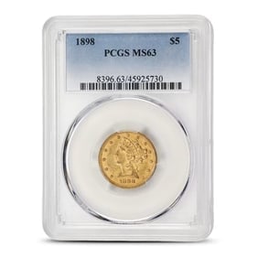 1898 Pre-33 $5 Liberty Gold Half Eagle Coin MS63 (PCGS or NGC): This 1898 Liberty Head Half Eagle contains 0.2419 Troy Ounce of gold and is certified MS63 by PCGS or NGC. Designed by Christian Gobrecht, the coin represents a classic era of American gold coinage. A
