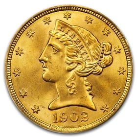 $5 Gold Liberty 1902 XF: The 1902 $5 Gold Liberty coin is a distinguished piece of early 20th-century American coinage, part of the Liberty Head Half Eagle series (1838 - 1908). This issue reflects the classical design and hi