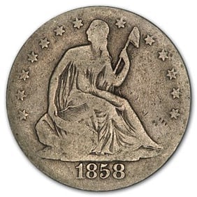 Seated Liberty Half Dollar Good 1858-O: The 1858-O Seated Liberty Half Dollar in Good condition showcases classic New Orleans mint character. A 90% silver pre-Civil War issue valued for its Southern mint history.