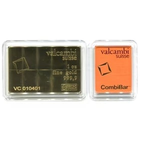 Valcambi Suisse 1 Ounce Gold CombiBar 10x1/10oz: Valcambi Suisse 1oz Gold CombiBar - 10x1/10oz - Innovative 1 oz .9999 fine gold bar divisible into 10 individual 1/10 oz units, offering unmatched flexibility for investors and collectors. Limited min