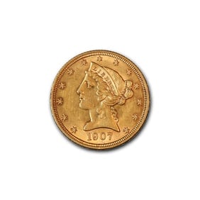$5 Gold Liberty 1907-D XF: The $5 Gold Liberty 1907-D is a remarkable piece of American numismatic history, now preserved in Brilliant Uncirculated (BU) condition. Struck in .900 fine gold at the newly established Denver Mint, 