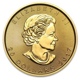 2017 Canada 1/2 oz Gold Maple Leaf BU: 2017 Canada 1/2 oz Gold Maple Leaf BU, struck in 1/2 troy ounce of .9999 fine gold, combines iconic Canadian design with investment-grade purity. Multiples of 10 are packaged in original RCM plastic s