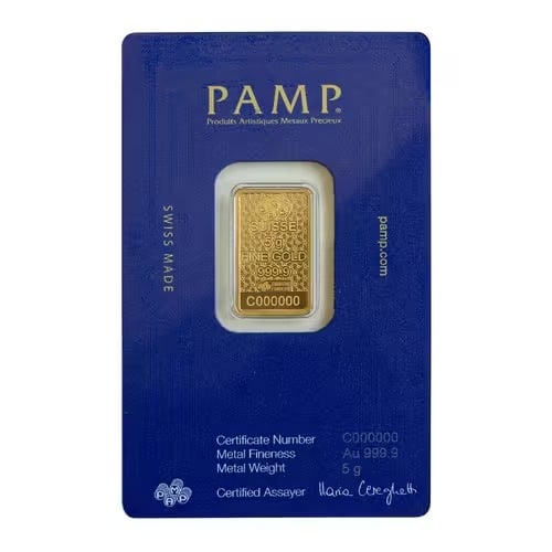 Pamp Suisse Arabian Horse 5g Pure Gold Bar with Pendant Frame: This 5 gram PAMP Suisse Gold Bar features the elegant Arabian Horse design, symbolizing beauty and strength. Struck from .9999 fine gold and presented in a stylish pendant frame. Produced by the renow