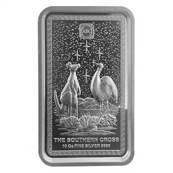 10 oz ABC Refinery The Southern Cross Silver Bar High Relief .9999 Fine: This 10 oz silver bar features the Southern Cross design in stunning high relief. Minted by ABC Refinery with .9999 purity, it combines beauty and investment value. The detailed finish enhances its co
