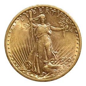 $20 Gold Saint Gaudens 1910-S AU: The Saint-Gaudens Double Eagle 1910-S in Almost Uncirculated condition retains strong original mint luster with light wear on the highest design points and sharp overall detail. Struck in .900 fine go