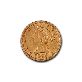 $5 Gold Liberty 1894 XF: The 1894 $5 Gold Liberty coin is a distinguished example of the Liberty Head Half Eagle series, capturing the artistry and historical context of late 19th-century American coinage. Struck during a per