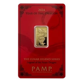 Pamp Suisse 5 Gram Gold - 2024 Azure Dragon: This 5 gram PAMP Suisse Gold Bar features the impressive 2024 Azure Dragon design. Struck from .9999 fine gold with intricate artistic detail. Produced by the prestigious PAMP Suisse refinery known fo